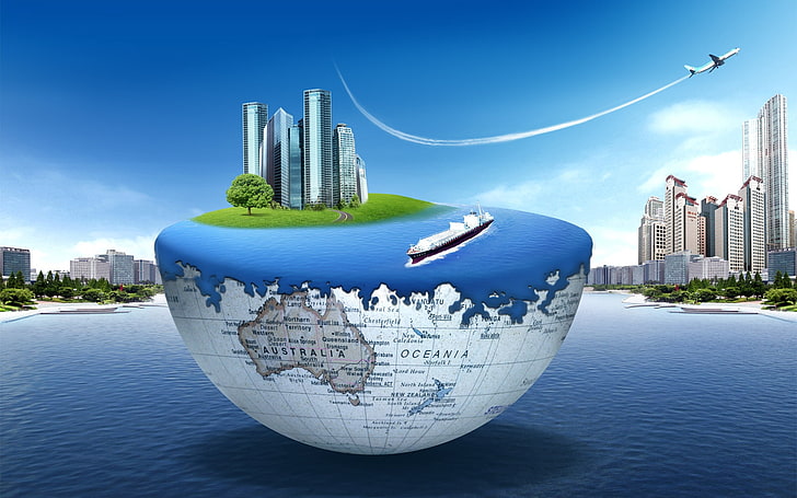bâtiments sur la terre illustration, terre, globe, avion, océan, ville, Fond d'écran HD