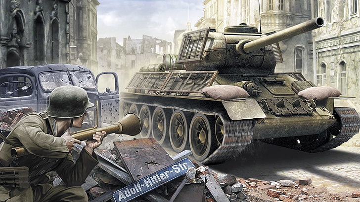 papel de parede digital de tanque de guerra cinza, guerra, figura, arte, emboscada, soldados, exército vermelho, T-34-85, tanque médio soviético durante a segunda guerra mundial, bazucas, HD papel de parede
