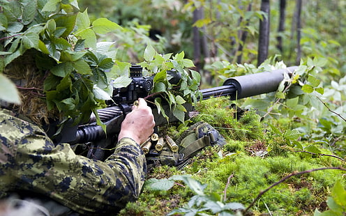 rifle sniper preto, militar, atirador furtivo, floresta, arma, selva, soldado, arma, HD papel de parede HD wallpaper