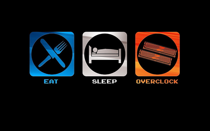 Eat, Sleep, Overclock logo, еда, сон, разгон, гик, минимализм, юмор, простой фон, HD обои