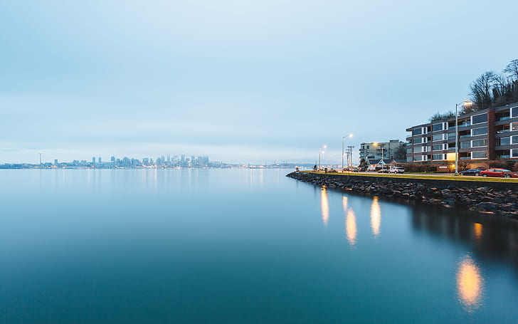 bay landscape photography, Blue, Morning  bay, landscape photography, long exposure, Seattle, cityscape, reflection, water, smooth, overcast, morning, Pacific Northwest, Canon EOS 5D Mark III, Canon EF, 35mm, 4L, B+W, ND, 1000x, john, westrock, washington, harbor, HD wallpaper