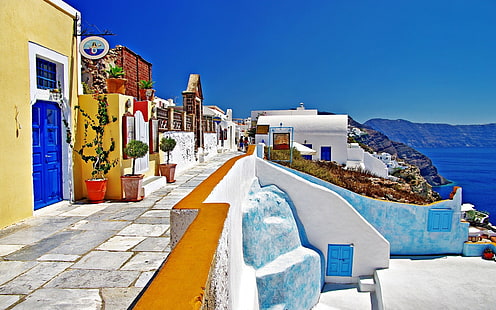 malowany na żółto dom, Grecja, krajobraz, Santorini, Tapety HD HD wallpaper