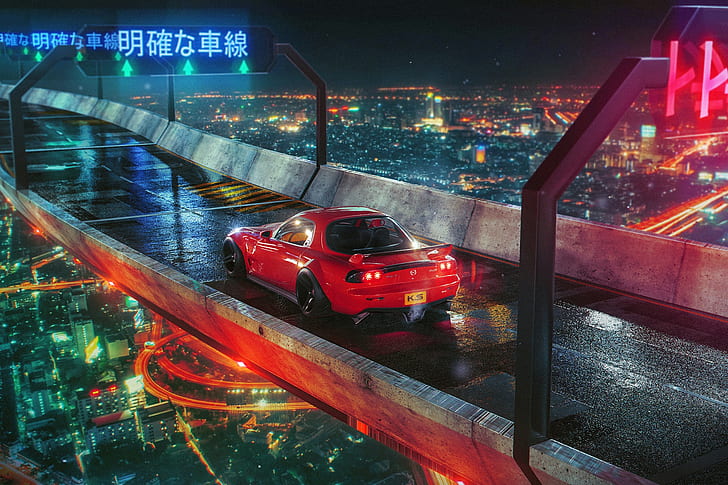 noite, ponte, a cidade, luzes, vermelho, Mazda, RX 7, Khyzyl Saleem, HD papel de parede