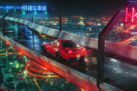 night, bridge, the city, lights, red, Mazda, RX 7, Khyzyl Saleem, HD wallpaper HD wallpaper