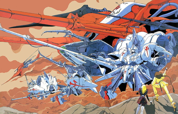 pomarańczowo-biała ilustracja robota robota, anime, The Five Star Stories, Tapety HD