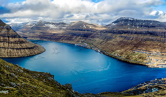clouds, mountains, ships, Denmark, panorama, Bay, the view from the top, harbour, Faroe Islands, Klaksvik, HD wallpaper HD wallpaper