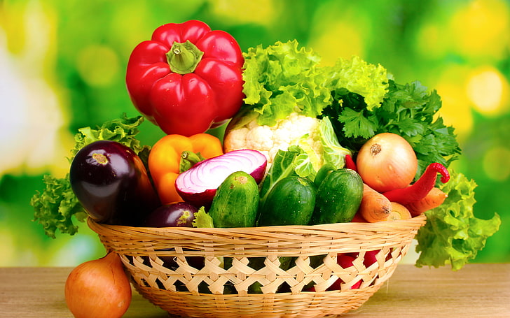Legumes frescos na cesta, cesta de legumes, natureza, comida, cesta, natrue, HD papel de parede