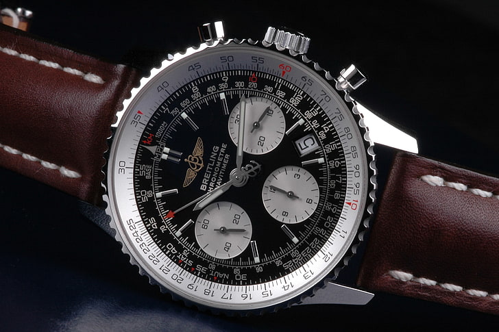 round silver chronograph watch with black leather strap, watch, luxury watches, Breitling, HD wallpaper