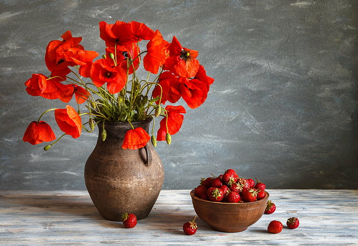Photography, Still Life, Flower, Fruit, Poppy, Red Flower, Strawberry, Vase, HD wallpaper