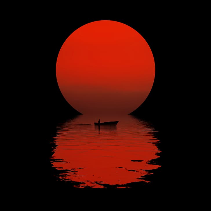 Солнце, черный фон, лодка, вода, HD обои