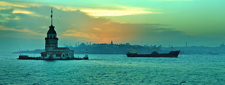 해협, 등 대, 파노라마, 이스탄불, 터키, 보스포러스, HD 배경 화면