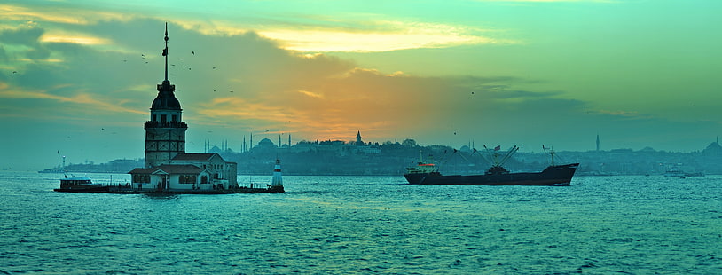Estrecho, faro, panorama, Estambul, Turquía, el Bósforo, Fondo de pantalla HD HD wallpaper