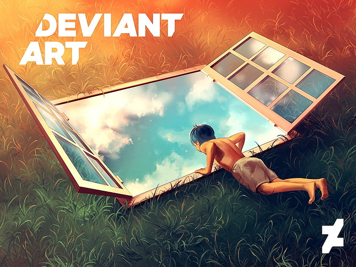 Deviantart logo, DeviantArt, AquaSixio, window, artwork, children, HD wallpaper