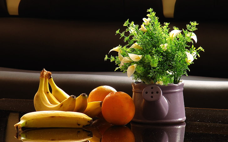 ripe banana and orange fruits, orange, bananas, fruit, HD wallpaper
