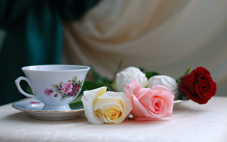 Bodegón con rosas de té, rosas, naturaleza, lindo, hermoso, flores, desayuno, naturaleza muerta, bebida, rosa, 3d y abstracto, Fondo de pantalla HD