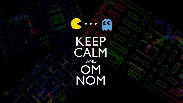 zachowaj spokój i om nom tekst, Keep Calm and ..., Pacman, Inky, gry wideo, typografia, Tapety HD
