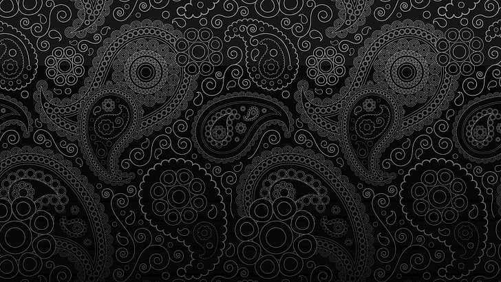 black and white paisley wallpaper, cucumber, black background, ornament, curl, pasloski, Paisley, HD wallpaper