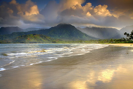 Hanalei Bay Hawaii, pasifik, hawaii, hanalei, pantai, hawai, polinesia, pasir, samudra, surga, pulau, tropis, selancar, Wallpaper HD HD wallpaper