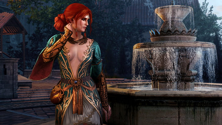 game, clothing, outfit, fountain, red, witch, the Witcher, the witch, games, the enchantress, witcher, Triss, triss merigold, witcher 3: wild hunt, the wild hunt, HD wallpaper