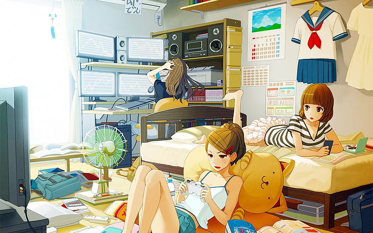 three women in room animated illustration, room, original characters, HD wallpaper