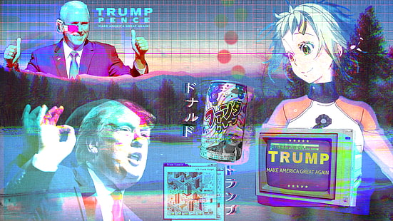 Дональд Трамп, steamwave, США, президенты, аниме девушки, политика, глит-арт, катакана, HD обои HD wallpaper