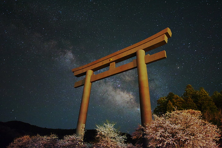 estrelas, paisagem, portão, japão, via láctea, torii, HD papel de parede