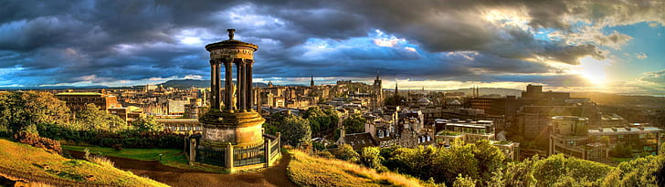Edimburgo, monumento, edificio antiguo, ciudad, paisaje urbano, gran angular, Fondo de pantalla HD