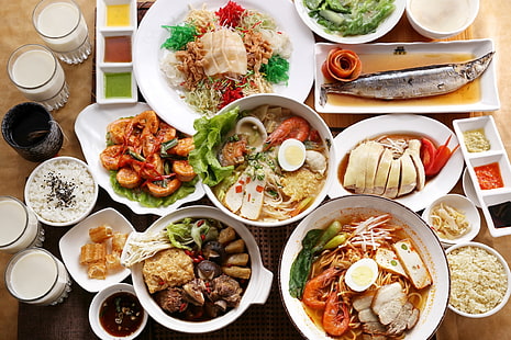 접시와 그릇에 요리 해산물, 음식, 접시, 태평양 소시지, 쌀, 새우, 북채, HD 배경 화면 HD wallpaper