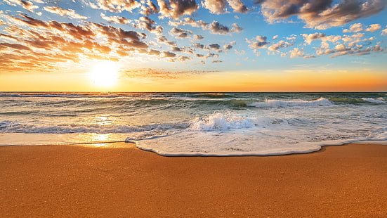 лято, лято, пясък, пясъчен плаж, плаж, вятърна вълна, слънчева светлина, облак, вълна, небе, крайбрежие, спокойствие, пяна, залез, океан, бряг, море, хоризонт, HD тапет HD wallpaper