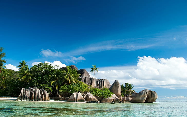 Seychelles Isls, grey stone formation between green trees and ocean, island, beach, tropics, seychells, islands, nature and landscapes, HD wallpaper