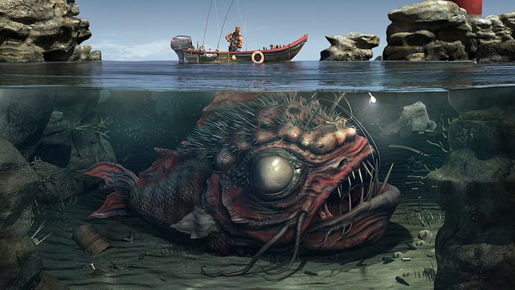 digital art, water, boat, creature, split view, underwater, Anglerfish, HD wallpaper