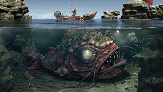 digital art, water, boat, creature, split view, underwater, Anglerfish, HD wallpaper HD wallpaper