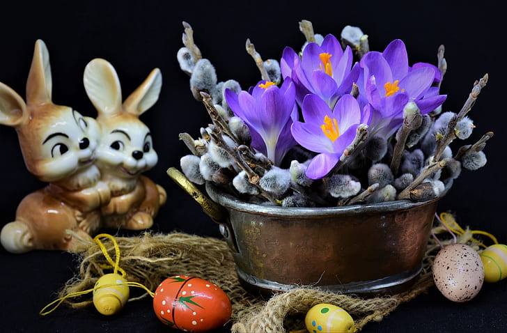 flowers, branches, holiday, eggs, Easter, crocuses, fabric, rabbits, burlap, Verba, figure, Taz, HD wallpaper