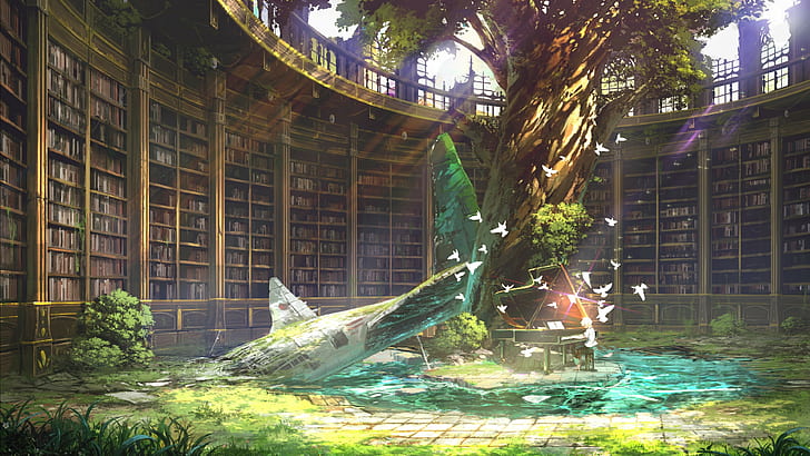 anime, landscape, library, nature, HD wallpaper