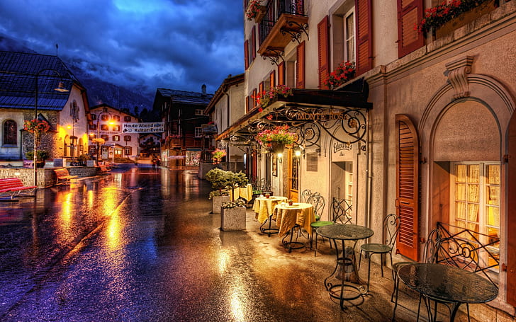 İsviçre Zermatt gece sokakları ve ışıklar, İsviçre, Zermatt, Gece, Sokaklar, Işıklar, HD masaüstü duvar kağıdı