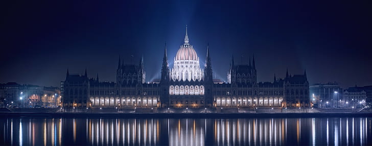 Hungary, Budapest, Night, Building, Parliament, Lights, Promenade, River, Danube, Reflection, HD wallpaper