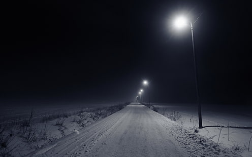 fotografia em escala de cinza de estrada agrícola, noite, inverno, estrada, lâmpada, neve, HD papel de parede HD wallpaper