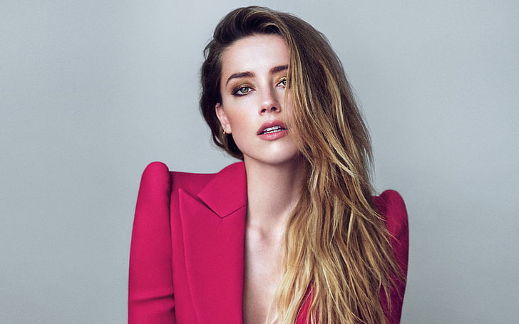 women's red blazer, makeup, actress, hairstyle, photoshoot, Amber Heard, Marie Claire, Boe Marion, HD wallpaper