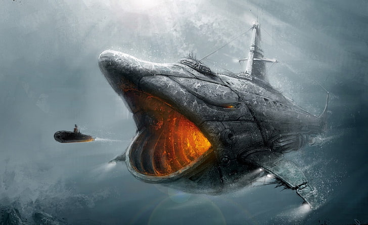 Fish Submarine, обои с серой акулой, Художественные, Фэнтези, Рыбы, Красивые, Подводные, Цифровые, Произведения искусства, Живопись, Подводная лодка, HD обои