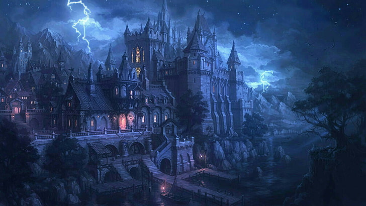 fantasy, castle, sky, night, lightning, tail, darkness, storm, fantasy art, midnight, HD wallpaper