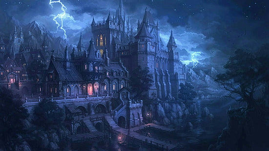 fantazja, zamek, niebo, noc, błyskawica, ogon, ciemność, burza, sztuka fantasy, północ, Tapety HD HD wallpaper