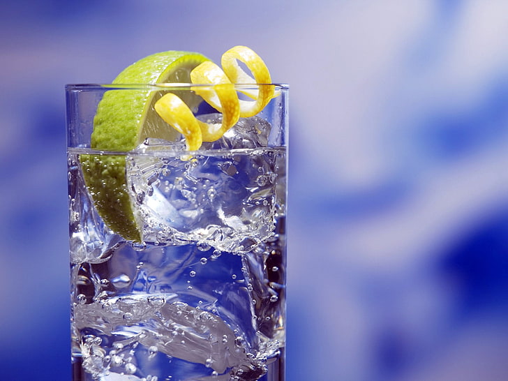 clear drinking glass, lemon, glass, water, peel, HD wallpaper