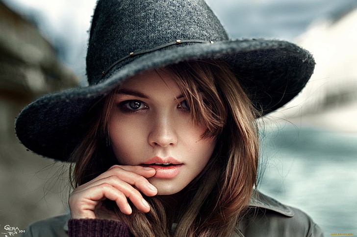 women's black sunhat, woman in black hat and black top in close-up photography, women, eyes, face, model, brunette, looking at viewer, blonde, portrait, hat, open mouth, Anastasia Scheglova, Georgy Chernyadyev, grey coat, coats, HD wallpaper