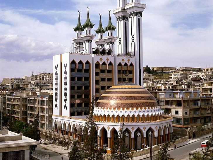 Moschea Al Rahman, Siria, tempio bianco e marrone, mondo, religioso, musulmano, Aleppo, moschea Al Rahman, Siria, Sfondo HD