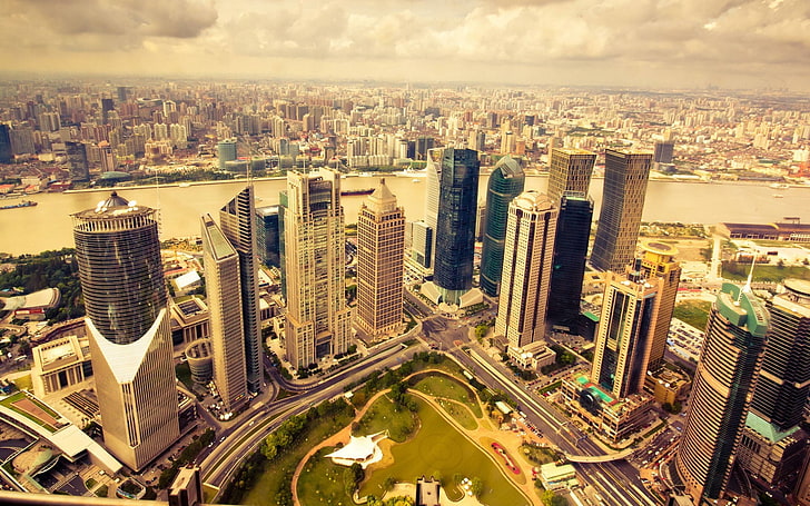 Decoración de pared de madera marrón y negra, Shanghai, paisaje urbano, vista aérea, Fondo de pantalla HD