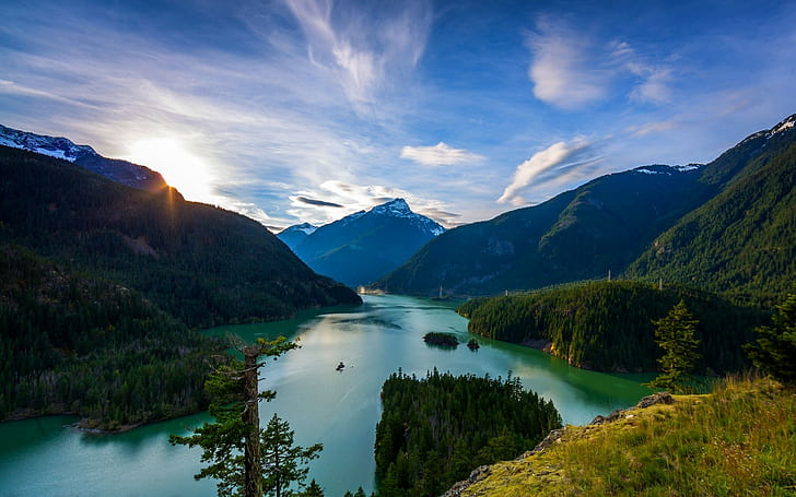 alam, pemandangan, pegunungan, danau, hutan, puncak bersalju, Wallpaper HD