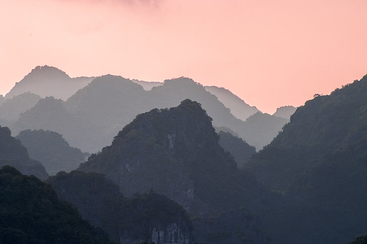 góry i drzewa, Wietnam, zachód słońca, krajobraz, przyroda, Azja, Tapety HD