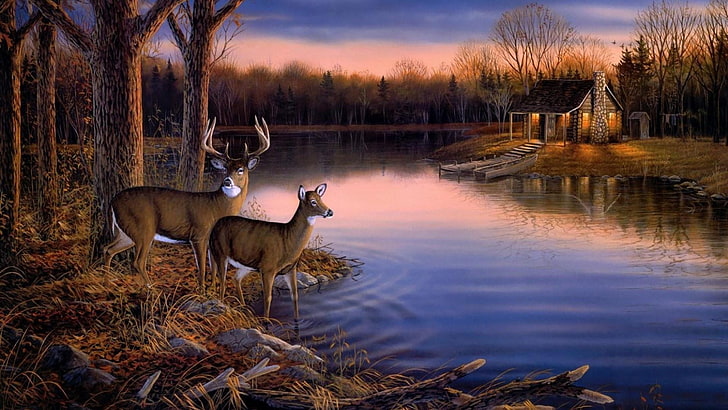 painting, art, wildlife, lake, house, lakeside, forest, HD wallpaper
