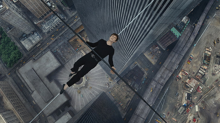 homme en noir tenant un bâton au milieu d'une ficelle entre deux bâtiments, The Walk, Joseph Gordon-Levitt, Fond d'écran HD