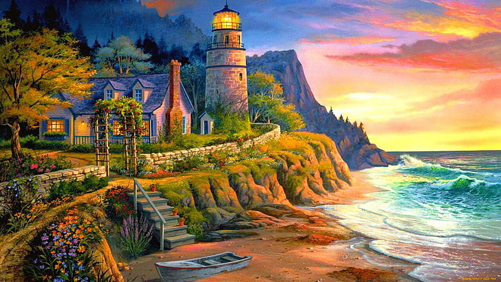 照明の道、素敵な、灯台、穏やかな、素敵な、海岸、美しい、岩、家、穏やかな、海、波、カラフルな、 HDデスクトップの壁紙